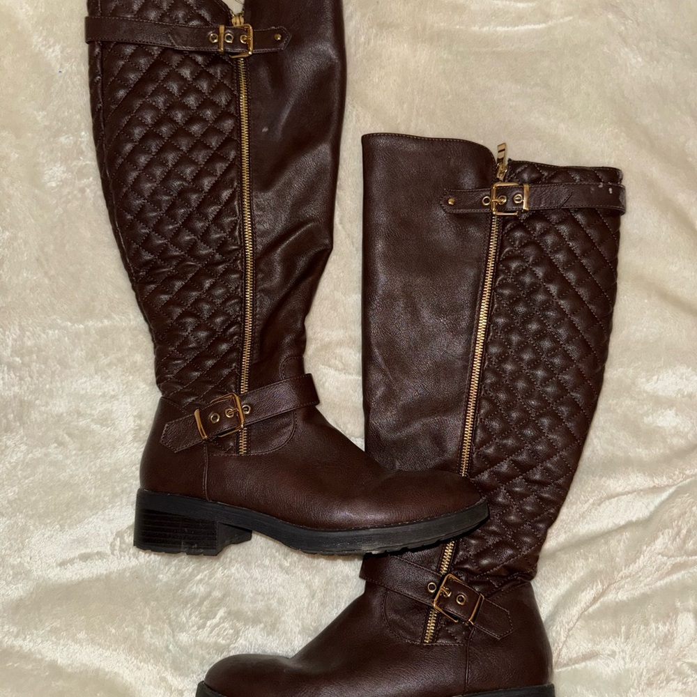 Dream Pairs Quilted Over-the-Knee Wide-Calf Boots in Dark Brown w/ Gold Hardware